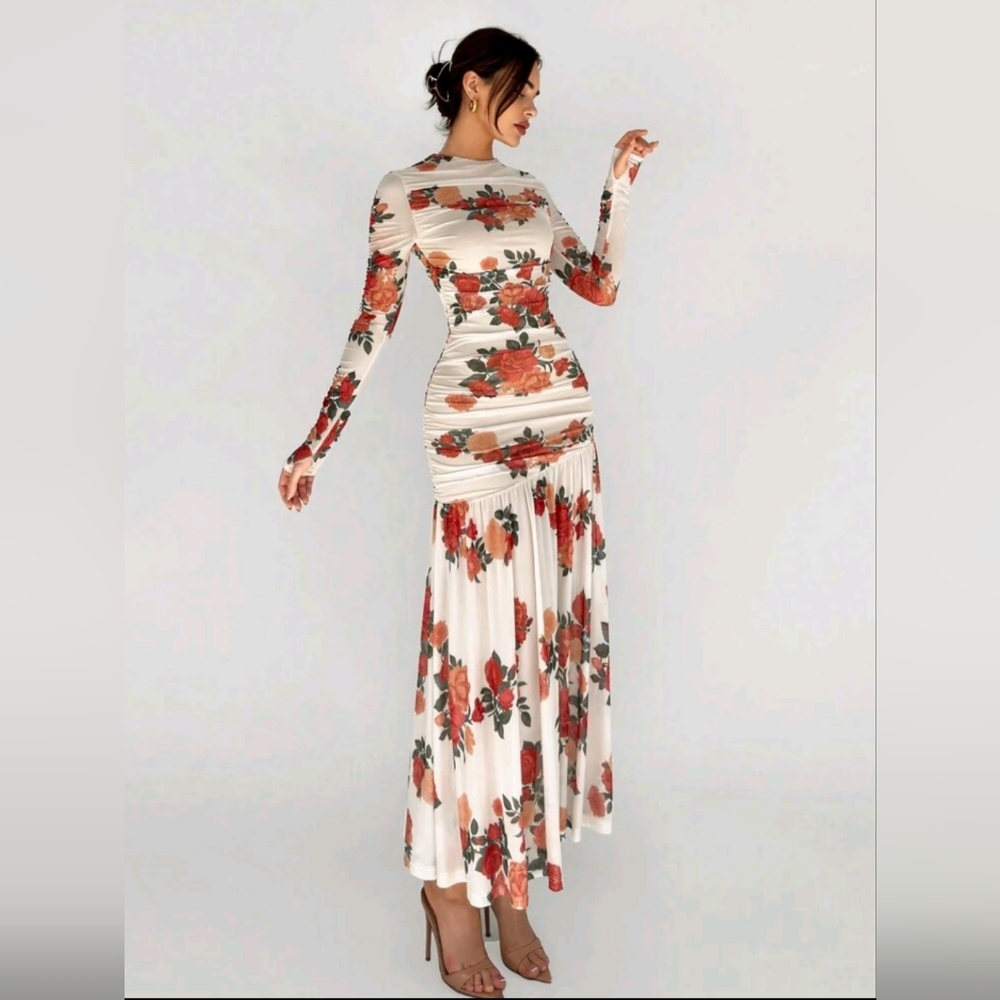 SHEIN Orange Ruffled Tiered Long Sleeve Dress